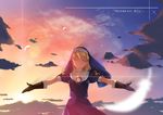  ame_no_uta brown_gloves chrono_crusade cloud evening feathers gloves habit highres lens_flare nun outstretched_arms parted_lips pocket_watch rosette_christopher sky solo spread_arms star_(sky) sunset twilight watch 