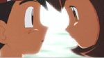  1boy 1girl animated animated_gif black_eyes black_hair brown_eyes brown_hair character_request hat kanon_(pokemon) kiss latias lowres male ocean pokemon pokemon_(anime) satoshi_(pokemon) sea 