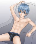  1boy abs blue_eyes blue_hair bulge highres kuroko_no_basuke kuroko_tetsuya male male_focus matching_hair/eyes nipples sitting solo topless underwear 