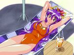  armpits arms_up artist_request breasts dancing_blade drink drinking_straw glass ice jpeg_artifacts large_breasts long_hair looking_at_viewer lying momohime_(dancing_blade) on_back one-piece_swimsuit orange_swimsuit purple_eyes purple_hair scan smile solo swimsuit table 