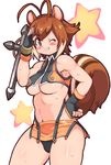  ahoge animal_ears black_panties blazblue breasts brown_eyes brown_hair gloves grin highres large_breasts makoto_nanaya midriff multicolored_hair navel one_eye_closed orange_skirt panties pantyshot revealing_clothes short_hair skirt smile solo squirrel_ears squirrel_tail star sweat tail tonfa two-tone_hair underboob underwear weapon white_background white_hair yu_3 