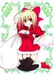  :d ahoge alternate_costume black_legwear blonde_hair bow breasts capelet cleavage earlgrey garter_straps gengetsu grin hair_bow kneeling large_breasts low_wings no_nose open_mouth red_bow red_capelet sack santa_costume short_hair smile solo thigh_gap thighhighs touhou touhou_(pc-98) v-shaped_eyebrows white_wings wings yellow_eyes zettai_ryouiki 