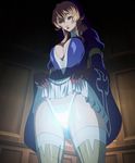  1girl blue_dress breasts brown_hair dress eyes_closed female gloves highres large_breasts long_hair nun panties pantyshot petticoat queen&#039;s_blade queen&#039;s_blade_rebellion queen's_blade queen's_blade_rebellion siggy sigui_(queen's_blade) solo standing stockings underwear upskirt 