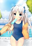 blue_eyes food highres ice_cream licking long_hair one-piece_swimsuit original popsicle pov school_swimsuit silver_hair solo swimsuit towel two_side_up usagihime water wet 