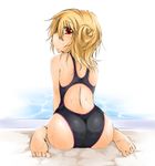  ass back barefoot blonde_hair competition_swimsuit feet from_behind kaminagi_(kaminagi-tei) looking_back one-piece_swimsuit original pool poolside red_eyes short_hair sitting soles solo swimsuit wariza wet 