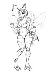  2018 4_arms antennae anthro arthropod bee bikini breasts chest_tuft claws clothed clothing crown dialogue female guoh hair hand_on_hip insect insect_wings monochrome multi_arm multi_limb navel simple_background sketch solo stinger swimsuit text tiara tuft white_background wings 