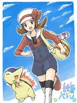  bag berries bow brown_eyes brown_hair cabbie_hat cyndaquil day gen_2_pokemon hat kotone_(pokemon) low_twintails open_mouth overalls pokegear pokemon pokemon_(creature) pokemon_(game) pokemon_hgss running sky smile tegaki thighhighs twintails 