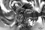  arm_guards draven dust facial_hair greyscale headband league_of_legends male_focus monochrome mustache open_mouth ranger_squirrel short_hair signature spiked_hair spikes spinning teeth vest 