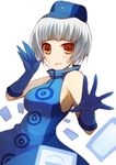  blue_dress breasts dress elevator_attendant elizabeth_(persona) gloves hat kujiran medium_breasts open_mouth persona persona_3 short_hair sideboob smile solo white_hair yellow_eyes 