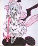  :d artist_name bat_wings blue_hair bow character_name earlgrey hat hat_bow low_wings no_nose open_mouth polearm puffy_sleeves red_eyes remilia_scarlet shikishi short_hair short_sleeves smile solo spear spear_the_gungnir touhou traditional_media v-shaped_eyebrows weapon wings wrist_cuffs 