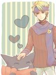  blonde_hair blush_stickers gen_1_pokemon gengar headband heart matsuba_(pokemon) pokemon pokemon_(creature) pokemon_(game) pokemon_hgss purple_scarf scarf simple_background smile striped striped_background tegaki 