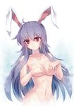  animal_ears breasts bunny_ears cleavage collarbone covering covering_breasts dedeyong face groin highres lavender_hair light_smile long_hair medium_breasts navel nude red_eyes reisen_udongein_inaba solo touhou upper_body very_long_hair 