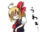  ahoge blonde_hair cross earlgrey hair_ribbon necktie open_mouth red_eyes red_neckwear ribbon rumia short_hair short_sleeves solo sweatdrop touhou translated white_background 