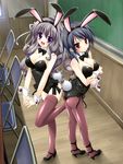  2girls animal_ears arched_back arm arms ass back-to-back bare_shoulders black_hair blush bow bowtie breast_hold breasts bunny_ears bunny_girl bunny_tail bunnysuit chair chalkboard classroom cleavage crossed_arms curly_hair detached_collar fake_animal_ears female fishnet_legwear fishnet_pantyhose fishnets game_cg gotou_nao grey_hair hair_ribbon happy high_heels highres interlocked_fingers kiiro_soramoyo koiiro_soramoyou leg_lift leg_up legs leotard long_hair looking_at_viewer looking_back lucie mole mounai_kiyomi multiple_girls open_mouth orange_eyes pantyhose purple_eyes ribbon serious shadow shoes short_hair shy smile standing standing_on_one_leg sunlight table tail thighhighs utsumi_shizuna v_arms window wrist_cuffs 