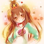  amamiya_kabosu brown_hair double_bun gen_5_pokemon grin long_hair looking_at_viewer lowres mei_(pokemon) no_headwear pokemon pokemon_(creature) pokemon_(game) pokemon_bw2 raglan_sleeves smile star tepig twintails very_long_hair yellow_eyes 