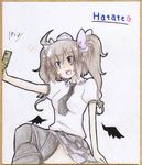  :d ahoge black_legwear black_wings brown_hair cellphone character_name detached_wings earlgrey hat heart himekaidou_hatate long_hair low_wings necktie no_nose open_mouth phone pointy_ears puffy_sleeves purple_eyes shikishi short_sleeves smile solo thighhighs tokin_hat touhou traditional_media twintails v-shaped_eyebrows wings 