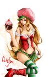  alternate_costume alternate_hair_color anan blonde_hair boots breasts caitlyn_(league_of_legends) character_name cherry corset cupcake food frills fruit groin hat heart league_of_legends long_hair navel purple_eyes signature skirt smile solo thighhighs very_long_hair 