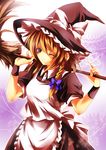  amamorient apron bad_id bad_pixiv_id blonde_hair blue_eyes bow braid broom grin hair_bow hat hat_bow kirisame_marisa one_eye_closed puffy_sleeves short_hair short_sleeves side_braid single_braid smile solo touhou white_bow witch_hat wristband 