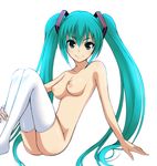  aqua_eyes aqua_hair arm_support bad_id bad_pixiv_id breasts hatsune_miku long_hair looking_at_viewer medium_breasts miranisuta nipples nude puffy_nipples shiny shiny_skin simple_background sitting smile solo thighhighs twintails very_long_hair vocaloid white_background white_legwear 
