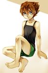  bad_id bad_pixiv_id barefoot brown_hair camisole cr72 inazuma_eleven_(series) inazuma_eleven_go looking_at_viewer male_focus matsukaze_tenma shorts sitting solo 