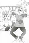  1girl areolae belt breast_poke breasts bulma cleavage dragon_ball dress female gloves highres large_breasts legs long_hair looking_at_viewer looking_down monochrome nipples open_mouth poking scarf shoes side_ponytail smile socks standing thighs toriyama_akira toriyama_akira_(style) young_jijii 