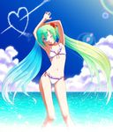  aqua_eyes armpits arms_up bikini cloud condensation_trail day flower green_hair hair_flower hair_ornament hatsune_miku hibiscus highres lens_flare long_hair m-shiganai navel one_eye_closed side-tie_bikini sky smile solo swimsuit twintails very_long_hair vocaloid water 