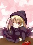  blonde_hair blush earlgrey eating fairy_wings food hat heart lily_black lily_white long_hair long_sleeves no_nose one_eye_closed pocky red_eyes solo touhou wings 