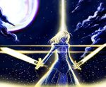  ahoge artoria_pendragon_(all) blonde_hair blue_eyes breasts caliburn cleavage_cutout cloud dress dual_wielding excalibur fate/stay_night fate_(series) full_moon glowing glowing_weapon harnest heart highres holding light_particles moon night saber solo sword weapon 