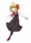  ahoge blonde_hair bow cross earlgrey fang hair_bow long_sleeves necktie no_nose open_mouth pantyhose red_eyes red_neckwear rumia short_hair simple_background solo touhou white_background 