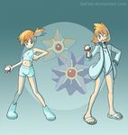  aqua_background dual_persona gen_1_pokemon green_eyes holding holding_poke_ball jacket kasumi_(pokemon) multiple_girls one-piece_swimsuit open_mouth orange_hair poke_ball pokemon pokemon_(creature) pokemon_(game) pokemon_frlg pokemon_hgss sandals short_hair side_ponytail simple_background smile starmie staryu swimsuit time_paradox watermark 