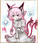  animal_ears bow braid cat_ears cat_tail earlgrey hair_bow kaenbyou_rin long_hair long_sleeves multiple_tails open_mouth puffy_sleeves red_eyes red_hair shikishi solo tail touhou traditional_media twin_braids 