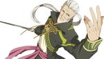  artist_request beard coat facial_hair grey_eyes long_hair low-tied_long_hair male_focus mustache official_art old_man ponytail rapier rowen_j._ilbert smile solo sword tales_of_(series) tales_of_xillia transparent_background weapon white_hair 