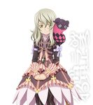  artist_request blonde_hair bow cropped_jacket doll dress elize_lutus frills green_eyes jewelry official_art pendant purple_dress ribbon short_hair smile tales_of_(series) tales_of_xillia teepo_(tales) transparent_background v_arms 