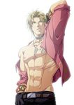  1boy abs belt blonde_hair collar gloves green_eyes jacket jewelry king_of_fighters male male_focus muscle necklace open_clothes open_shirt shen_woo shirt short_hair solo tattoo white_background 