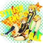  1girl alternate_hairstyle aqua_eyes bandaid black_legwear blonde_hair brother_and_sister buruma grin gym_uniform hair_ornament hairclip headphones jacket kagamine_len kagamine_rin kneehighs one_eye_closed open_mouth ponytail project_diva_(series) project_diva_f ryou_(fallxalice) short_hair siblings sitting smile stylish_energy_(module) track_jacket twins vocaloid 