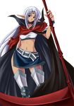  armor armored_dress belt blue_hair blue_skirt cape choker circlet expressionless gekato greaves holding holding_scythe long_hair midriff navel prana_(spectral_force) red_cape red_eyes scythe skirt solo spectral_(series) spectral_force thighhighs white_background wide_hips zettai_ryouiki 