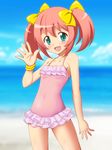 :d bare_shoulders blush bow bracelet casual_one-piece_swimsuit chiffon_(sister_quest) day green_eyes hair_bow image_sample jewelry nicoseiga_sample one-piece_swimsuit open_mouth pink_hair pink_swimsuit short_hair short_twintails sister_quest sky smile solo swimsuit takappe twintails water waving yellow_bow 