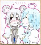  ahoge animal_ears blue_hair blush capelet closed_eyes earlgrey grey_hair heart jewelry mouse_ears mouse_tail multiple_girls nazrin open_mouth pendant puffy_sleeves red_eyes shikishi short_hair silver_hair tail tatara_kogasa touhou traditional_media yuri 