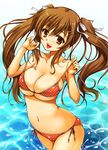  bikini breasts brown_eyes brown_hair character_request cleavage copyright_request hair_ornament hairclip large_breasts long_hair looking_at_viewer mole nanatsugumi navel open_mouth polka_dot polka_dot_bikini polka_dot_swimsuit shiny shiny_skin side-tie_bikini skindentation smile solo strap_pull swimsuit twintails underboob undressing water wet 