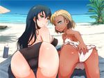  2girls ass beach bikini dark_skin exodus long_hair multiple_girls ocean sex_idol_island_bishoujo_idol-tachi_ni_tanetsuke_minami_no_shima_tour short_hair smile swimsuit 