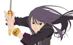  artist_request black_eyes black_hair bracelet coat jewelry left-handed long_hair male_focus official_art smile solo sword tales_of_(series) tales_of_vesperia weapon white_background yuri_lowell 