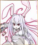  animal_ears artist_name bunny_ears casing_ejection crescent earlgrey gun handgun long_hair long_sleeves necktie open_mouth purple_hair red_eyes reisen_udongein_inaba shell_casing shikishi solo touhou traditional_media very_long_hair weapon 