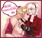  2boys ash_crimson black_nails blonde_hair blush collar earrings freckles gloves heart hearts jacket jewelry king_of_fighters male male_focus multiple_boys muscle nail_polish necklace open_clothes open_shirt shen_woo shirt short_hair speech_bubble yaoi 