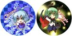  &gt;:) ahoge antennae blue_eyes blue_hair bow cape character_name chibi cirno cross-laced_footwear crystal_sword detached_wings earlgrey green_eyes green_hair hair_bow ice ice_wings long_sleeves multiple_girls no_nose open_mouth ponytail puffy_sleeves short_hair short_sleeves smile sword touhou v-shaped_eyebrows weapon wings wriggle_nightbug 