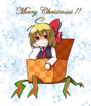  ahoge blonde_hair bow box earlgrey gift hair_bow hand_on_own_cheek hand_on_own_face in_box in_container long_sleeves merry_christmas necktie red_eyes red_neckwear rumia short_hair solo sweatdrop touhou 