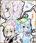  3girls :d ahoge alternate_headwear artist_name blonde_hair blue_eyes blue_hair blush bow cirno detached_wings earlgrey flandre_scarlet hair_bow hands_on_hips hat ice ice_wings multiple_girls necktie no_nose open_mouth puffy_sleeves red_eyes rumia shikishi short_sleeves side_ponytail smile star star-shaped_pupils sweatdrop symbol-shaped_pupils touhou traditional_media v-shaped_eyebrows wings 