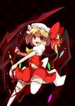  :d absurdres blonde_hair bow crystal earlgrey flandre_scarlet hat hat_bow highres laevatein navel no_nose open_mouth puffy_sleeves red_eyes short_hair short_sleeves side_ponytail smile solo thighhighs touhou v-shaped_eyebrows weapon white_legwear wings zettai_ryouiki 