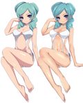  aqua_hair arm_support barefoot beta_(inazuma_eleven) breasts choker full_body hand_in_hair inazuma_eleven_(series) inazuma_eleven_go inazuma_eleven_go_chrono_stone long_hair looking_at_viewer matarou_(genkai_toppa) medium_breasts navel o-ring o-ring_swimsuit plantar_flexion purple_eyes simple_background sitting smile swimsuit toes white_background 