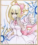  :d ahoge blonde_hair bow breasts earlgrey gengetsu hair_bow long_sleeves low_wings medium_breasts no_nose open_mouth ponytail puffy_sleeves red_eyes shikishi short_hair smile solo touhou touhou_(pc-98) traditional_media v-shaped_eyebrows vest white_wings wings yellow_eyes 