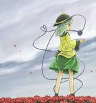  closed_eyes day flower green_eyes green_hair hat komeiji_koishi long_sleeves marujin open_mouth petals rose short_hair sky solo standing third_eye touhou wide_sleeves 